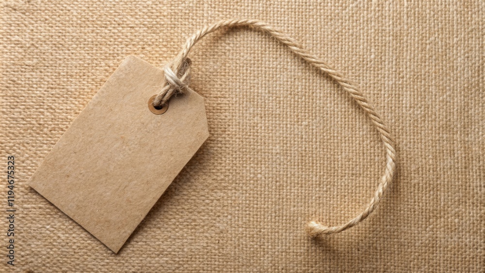 Poster blank kraft paper tag tied with twine on rustic fabric background
