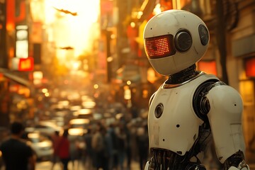Robot standing in a busy city street at sunset.