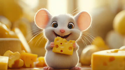 Cute cartoon mouse holding a cheese chunk in a whimsical kitchen setting filled with various cheese types and warm, inviting light creating a joyful atmosphere