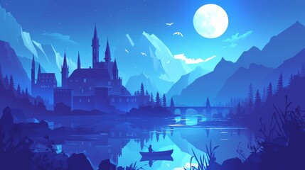 Lone Man Rowing Boat Near Majestic Castle Under Night Sky.