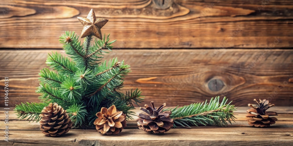 Aufkleber miniature evergreen tree with pine cones and star ornament on rustic wooden surface