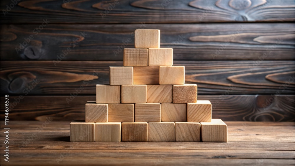 Aufkleber wooden blocks arranged in a pyramid shape on a rustic wooden surface