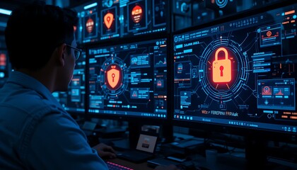 Cybersecurity Expert Monitoring Digital Networks and Firewalls with Glowing Icons Generative AI