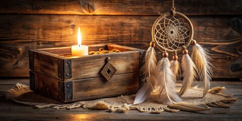 Rustic wooden box with lit candle and dreamcatcher
