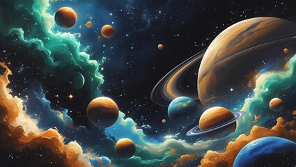 Stunning cosmic vistas filled with colorful planets, swirling nebulae, and distant stars in surreal space scenes