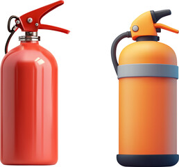 3D set vector illustration of two modern fire extinguishers in red and orange colors, designed with a sleek and minimalistic style. Perfect for safety, emergency, and firefighting-themed projects.