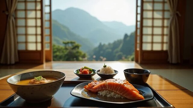 Comida tradicional japonesa con salm&oacute;n y sopa miso en un ryokan con vista a las monta&ntilde;as