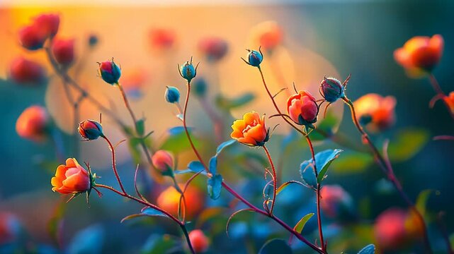 dreamy springtime  orange wild rose flower field background,soft sunlight peaceful flower field