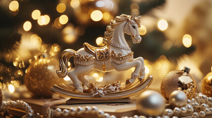 Fototapeta premium A festive scene with a white rocking horse figurine adorned with golden details, placed on books. Surrounded by gold ornaments and pearls, with glowing Christmas tree bokeh lights in the background.