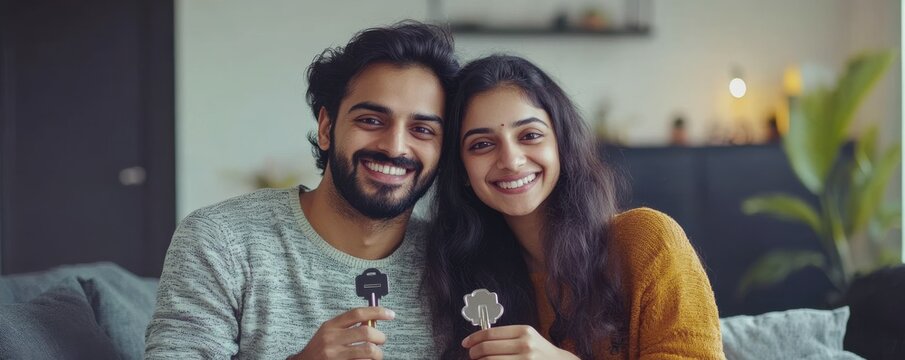 Satisfied young indian spouses show keys at own flat in living room, enjoy moving, buying new home, renting house together, copy space