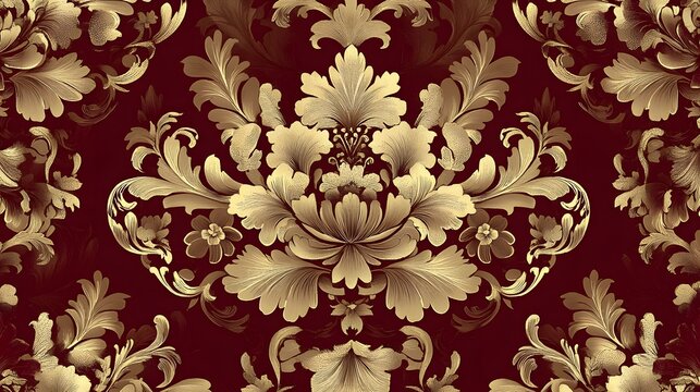 79. A luxurious brocade fabric pattern with baroque-inspired floral motifs in gold and burgundy