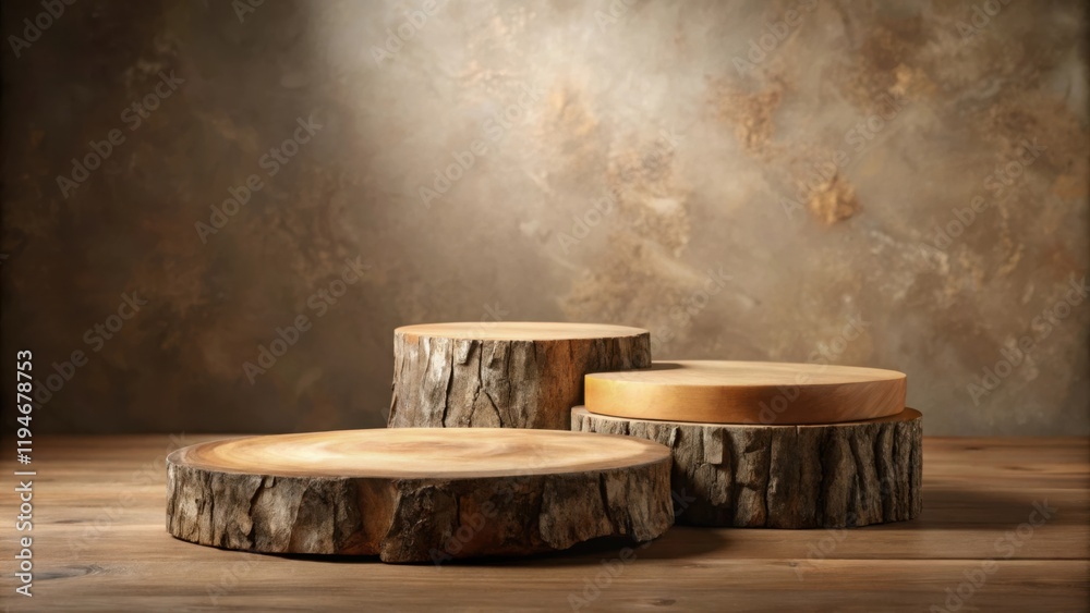 Aufkleber rustic wooden display stands on a wooden tabletop with a textured background