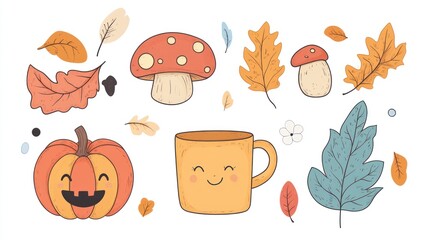 Cute autumnal illustration with leaves, mushrooms, pumpkin, and mug. Possible use social media graphic, kids' book illustration