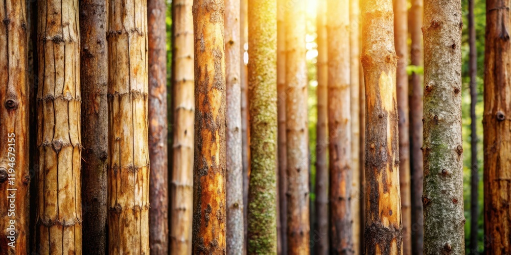 Poster Golden Sunlight Filtering Through a Dense Forest of Tree Trunks