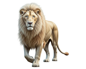 A majestic white lion, full body, standing against a white background: