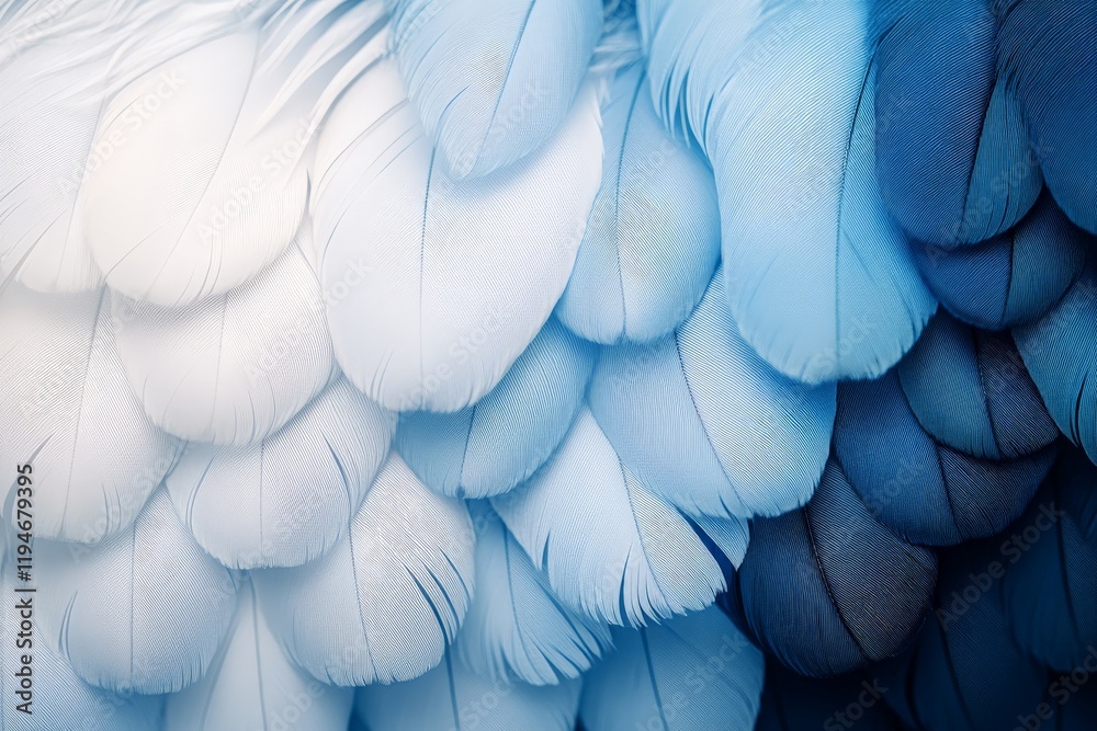 Leinwandbilder A subtle collage of feathers merges hues from light to dark blue, employing a minimalistic approach to create both depth and a transitional artistic ambiance.