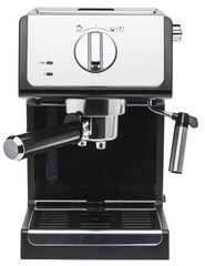 Espresso coffee machine with milk frother and portafilter isolated