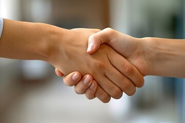Close-up shot of a candidate shaking hands with hiring managers in a corporate office.