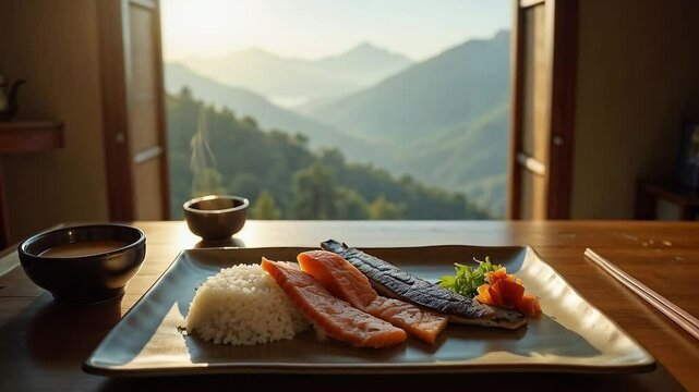 Desayuno japon&eacute;s con arroz, salm&oacute;n y sopa miso con vista a las monta&ntilde;as