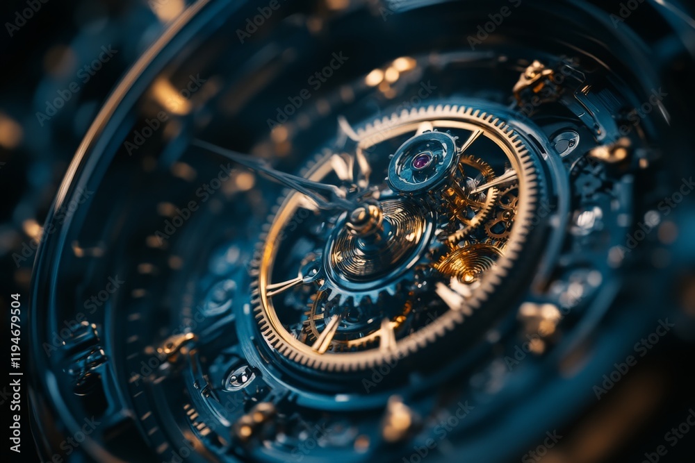 Poster A close-up capture of a complex and sophisticated watch mechanism, revealing shining metallic cogs and the intricate marvel of miniature engineering.