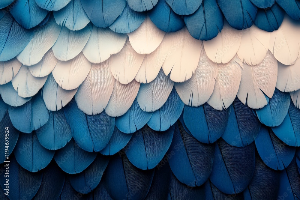 Poster An artistic arrangement of blue and white feathers layered in a wave-like pattern. The flowing textures and contrasting colors create a dynamic visual effect.