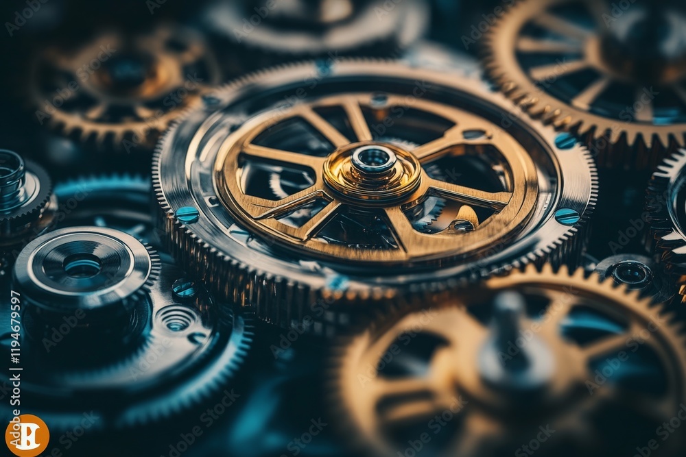 Poster A close-up view of intricate golden gears of a clockwork mechanism, showcasing precision and artistry in a dynamic composition, capturing the essence of time.