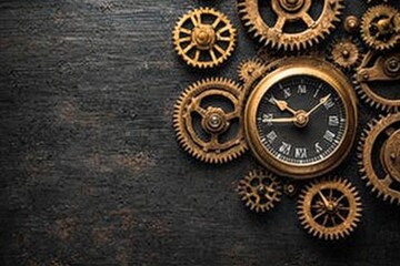 An antique clock with gear mechanisms set against a dark, textured background, capturing nostalgia, elegance, and the passage of time in a vintage style.