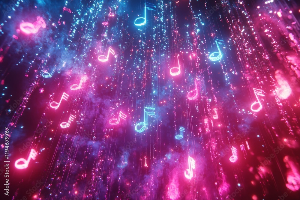 Poster a vivid display of musical notes suspended within a multicolored neon world, capturing the essence o