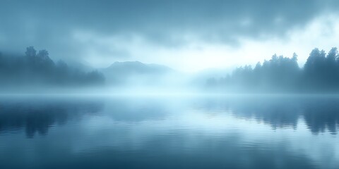 Obraz premium Misty lake with tranquil reflection.