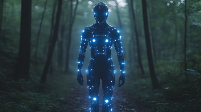 Futuristic humanoid robot in dark forest.