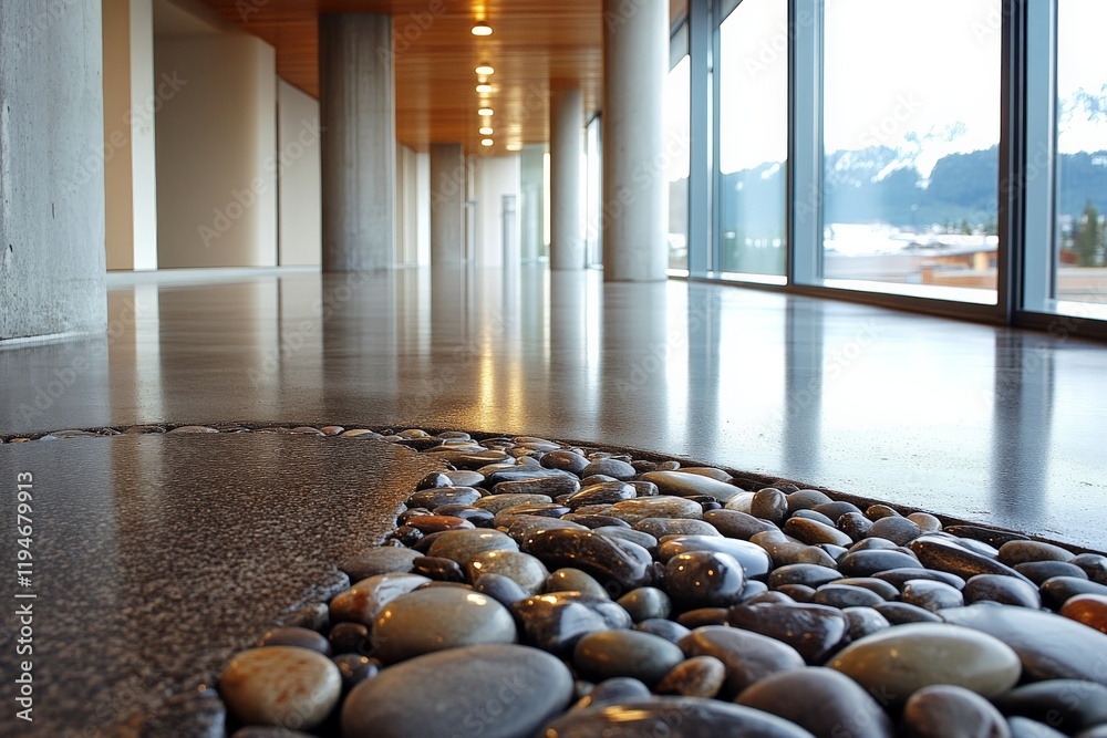 Aufkleber this image showcases a spacious hallway with a smooth marble floor and a unique stone walkway, blend