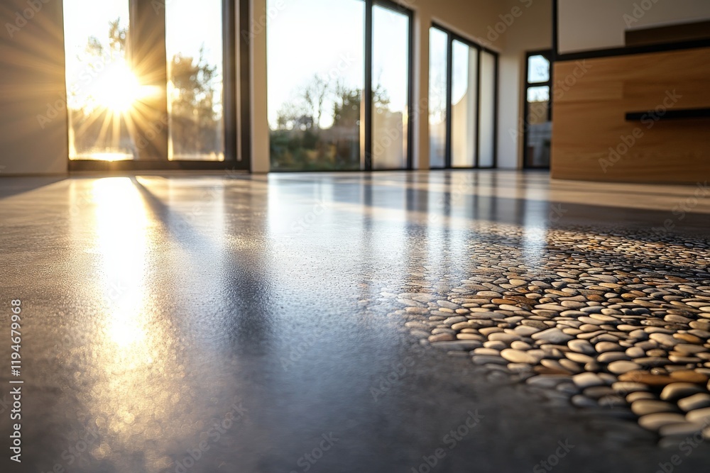Aufkleber this image captures a sunlit room with a polished concrete floor, uniquely accented by pebbles, offe