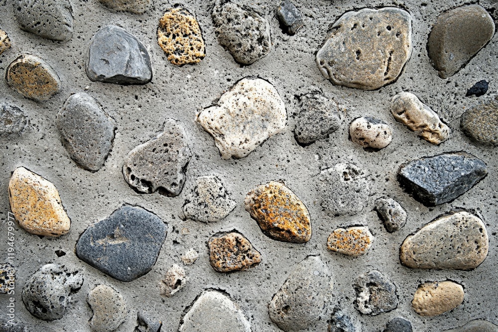 Aufkleber This image portrays a textured concrete surface with colorful stones embedded within, providing a dynamic, artistic contrast that emphasizes modern and abstract design.