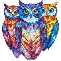 Colorful Stained Glass Style Owls in Watercolor Clipart Design