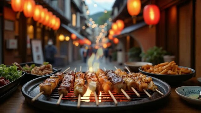 Brochetas de yakitori asadas en parrilla con fondo de calle japonesa iluminada