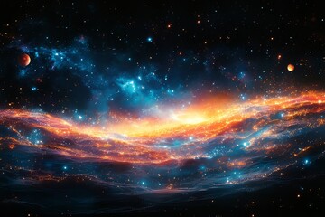 A colorful representation of Earth and its connection to the cosmos, with orbiting satellites and a galaxy in the background. Generative AI