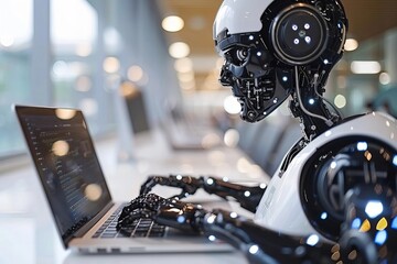 Fototapeta premium A Close-Up View of a Humanoid Robot Working on a Laptop in an Office Setting