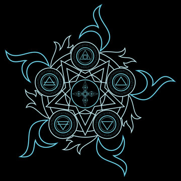 Light magic incantation circle contain fantasy alphabets spell (named Fotonth) with four alchemist elements and Alkahest symbols on black background.
