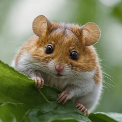 Obraz premium A dormouse peeking over the edge of a leaf, with a soft white background illuminating its features.