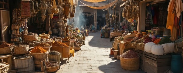A street market in an exotic location with spices and handmade goods, 4K photo.