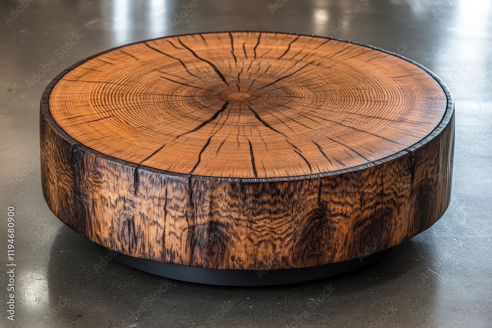 Aufkleber A beautifully crafted circular wooden table with visible grain and crack patterns, emphasizing an organic form and creating a warm interior design aesthetic.