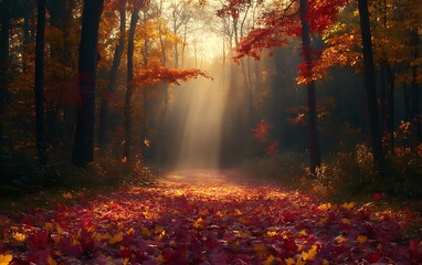 Sunbeams illuminate autumn forest path.