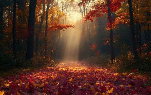Sunbeams illuminate autumn forest path. - Powered by Adobe