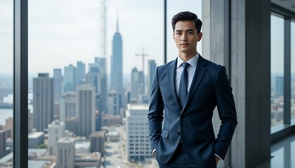 Young Professional Man in Suit Standing in Front of City Skyline with Clear Space for Text Suitable for Leadership Entrepreneurial or Corporate Branding Generative AI