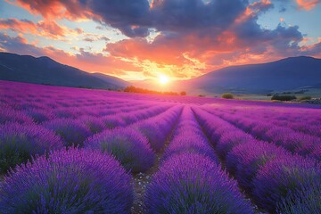 Lavender Fields Sunset Scenic Mountain Landscape