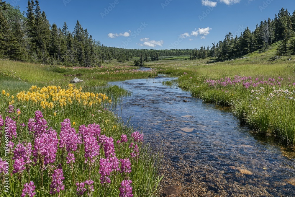 Poster a clear stream meanders through a picturesque meadow surrounded by lush greenery and colorful wildfl