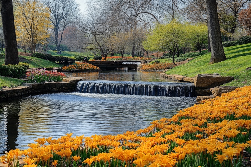 Poster a serene garden scene showcasing a small waterfall cascading into a tranquil pond surrounded by vibr