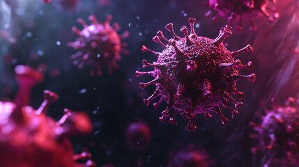 Virus particles float in a dark environment illuminated by purple light