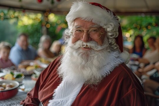 Summer BBQ Picnic with Santa Claus and Loved Ones in the Garden