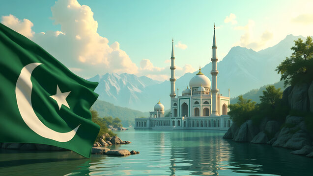 Pakistan happy Independence Day with waving flag. 14th of August 1947, Azadi Day, celebrating freedom and joy. Banner, poster etc.